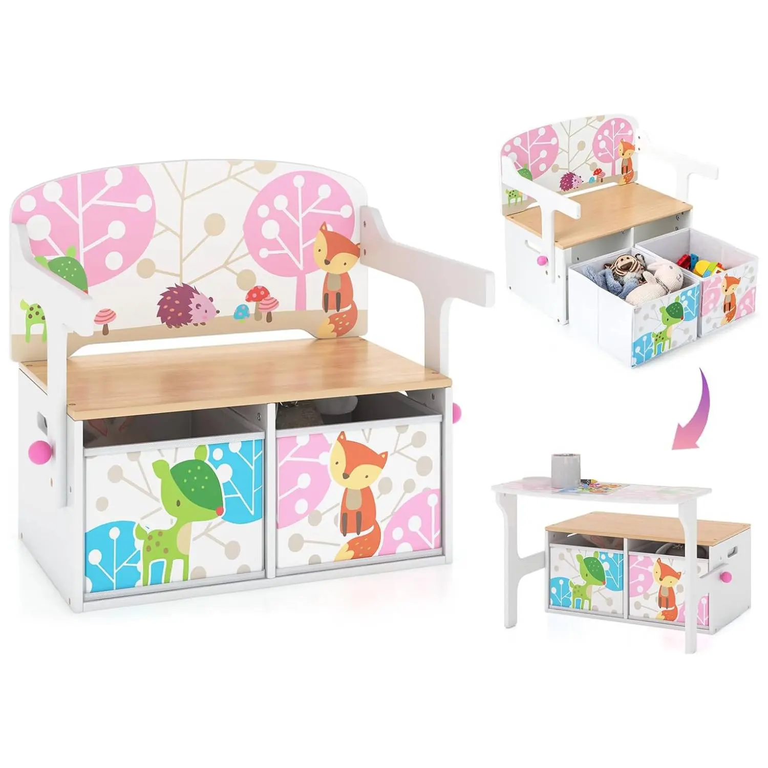 Costzon 3-in-1 Ergonomic Wooden Toy Storage Bench - Kids Furniture Set with Handle, 2 Bins, Activity Benches & Storage Table-Chair for Playroom, Daycare, Activity With Benches And Storage Table & Chair Sets