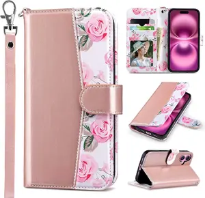 Compatible with  16 Wallet Case [RFID Blocking], Women PU Leather Shockproof Protective Folio Flip Cover with Card Holder Kickstand for iPhone16 6.1 inch, Rose