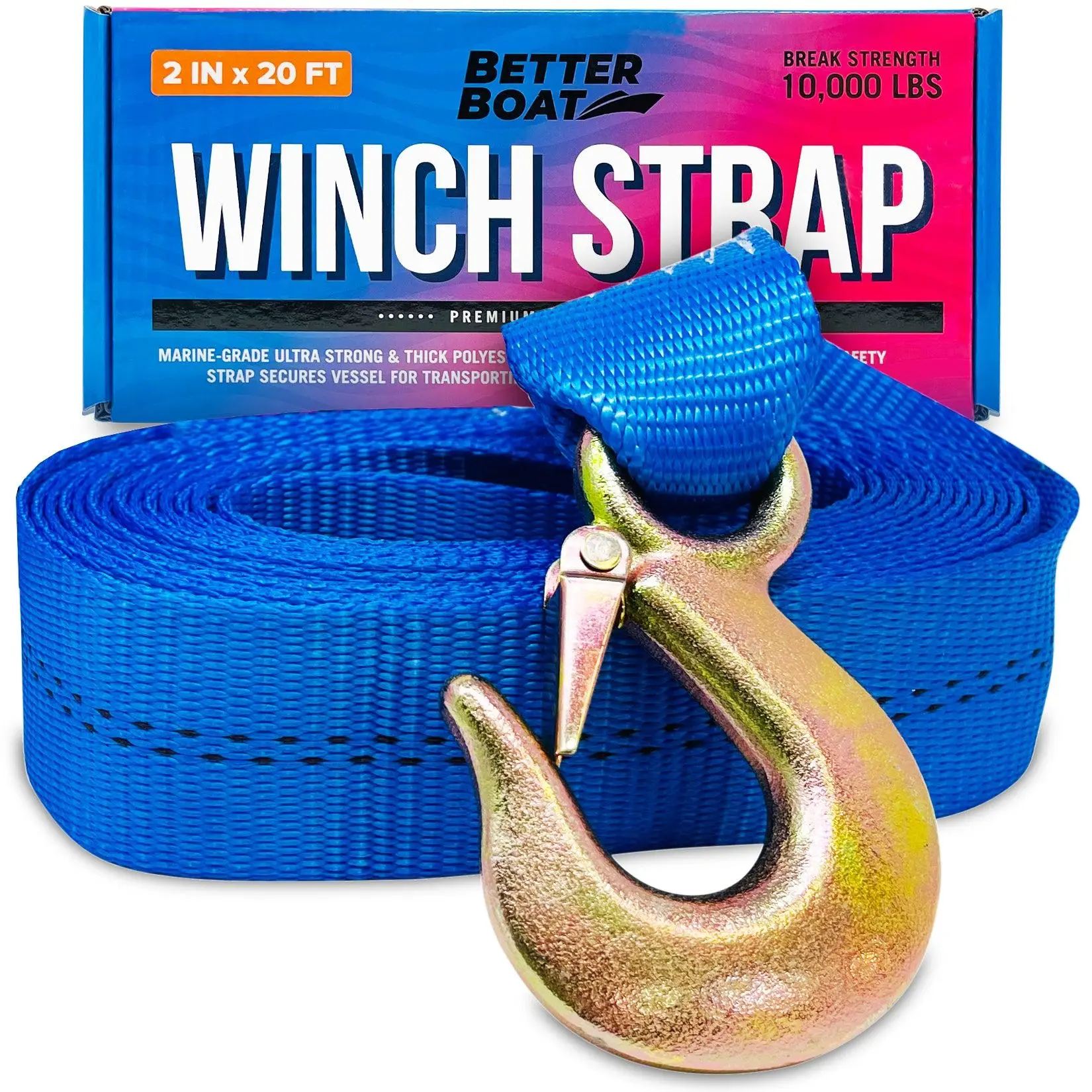 Better Boat Heavy Duty Marine Grade Winch Strap - 2"x20' Zinc Coated Hook, 10,000 lbs Break Strength, Boat Accessories, Marine Security Safety Towing Equipment for Off Road Vehicles, Marine Boat Accessories