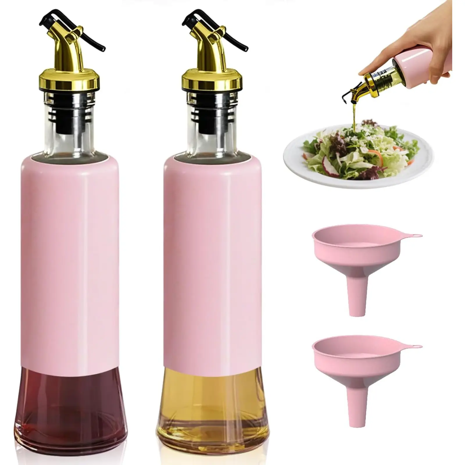 Olive Oil Dispenser Bottle Set of 2 Golden Non-Drip Leakproof Spout One-Handed Hold with Pink Funnel for Easy Filling 10OZ/300ML PINK