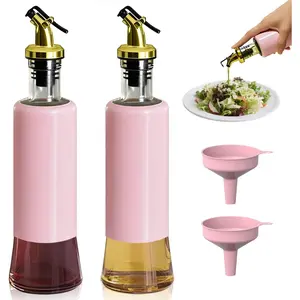 Olive Oil Dispenser Bottle Set of 2 Golden Non-Drip Leakproof Spout One-Handed Hold with Pink Funnel for Easy Filling 10OZ/300ML PINK