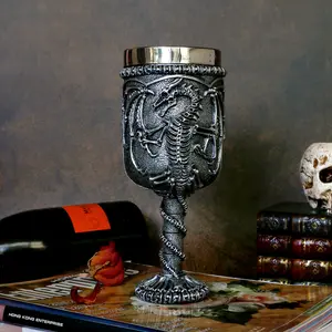 alikiki Fantasy Medieval Skull Dragon Wine Goblet - Dungeons and Dragons Chalice Goblet 15.8oz Stainless Steel Drinking Cup GOT Dragon D&D Fans Gift for Party Decor