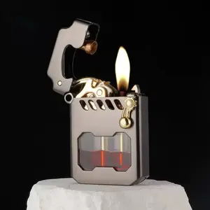 (Fuel Not Included) Vintage Trench Lighter, Metal Rocker Lighters, Kerosene Lighter, Windproof Copper Lighters with Transparent Oil Tank for Men Dad Husband fire