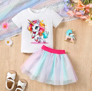 Ready Stock Baby Girls Outfits Unicorn Print Crew Neck T-shirt Gauze Skirts Set 2Pcs Summer Clothing From 3-24M White 132312309