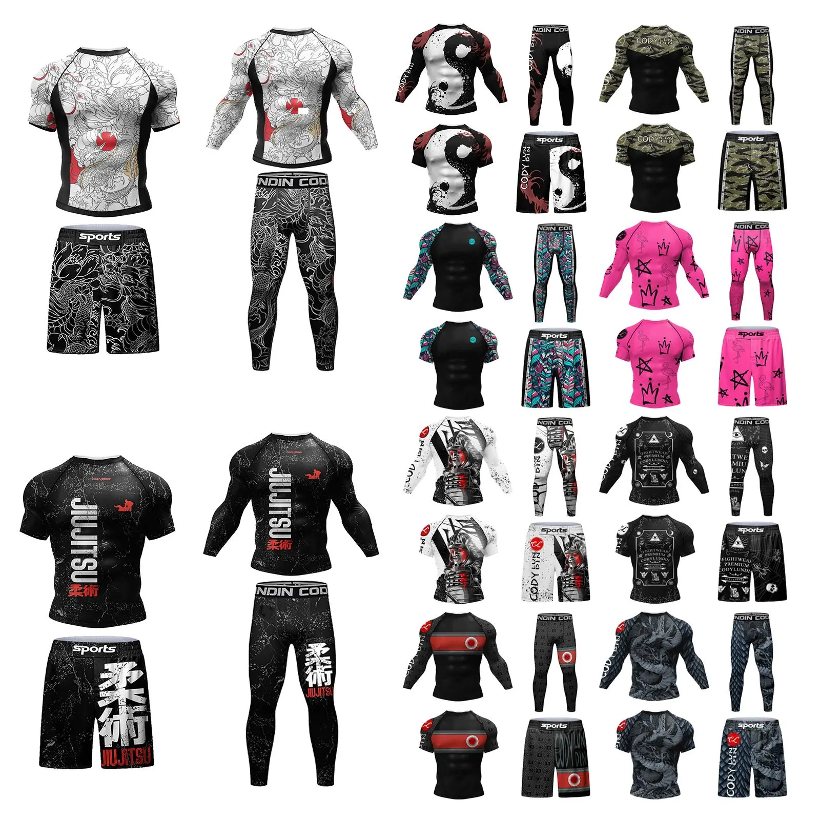 Cody Lundin Men's 2-Piece Tear-Resistant Compression Set - Elastic Breathable Sportswear, Fitted Gym Wear, Form Fitting Activewear, Rashguard & Fight Shorts for MMA Jiu-Jitsu, Fitness Training