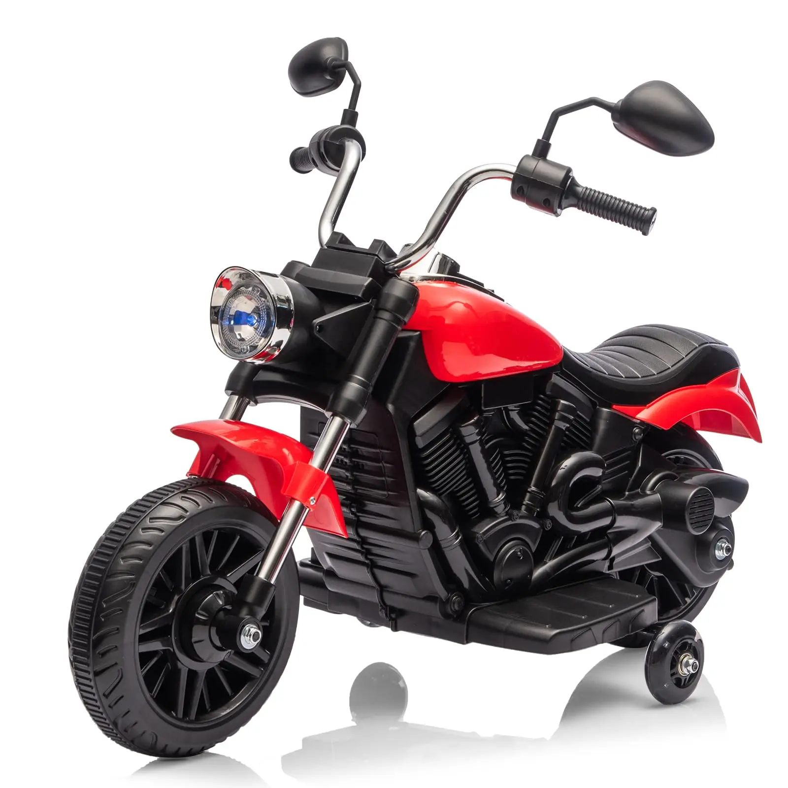 12V Electric Ride On Motorcycle for Children, three-wheel toy bike with anti-slip training wheels. Comes with headlight, warning horn, built-in music and reverse gear, fun outdoor riding toy for kids.