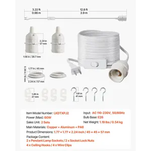 VEVOR Plug in Hanging Light Cord Kit, 16ft Lantern Extension Cords, 2 Pack E26 Light Socket Lamp Cord Replacement, Secure Sturdy, Easy to Install, Pendant Lamp Kit On/Off Switch Socket Rings