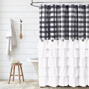 Ruffled Shower Curtain, 1 Count Plaid Pattern Bath Curtain with Button Accent, Lightweight Quick-dry Polyester Curtain for Bathroom Decor, Bathroom Decoration Accessories, Restroom