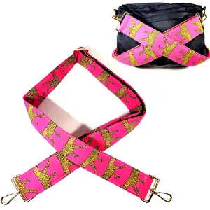 Cross Body Leopards on Pink Guitar Style Bag Strap - Leopard Purse Strap