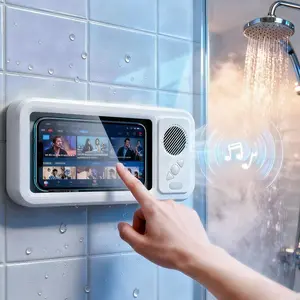 Wireless Bluetooth Speaker for Bathroom , Shower Phone Holder Speaker , Waterproof 360 Rotation Viewable Shower Phone Case Speakers for Bathroom Wall Mirro Compatible with iPhone, Galaxy