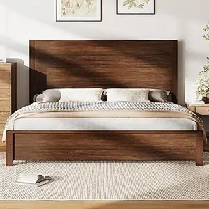 AMERLIFE 51.2" Wood Bed Frame, Rustic Platform Bed with Spliced Headboard, Wood Slats Support/Noiseless/No Box Spring Needed,Best Gift Ideas/Christmas Gifts