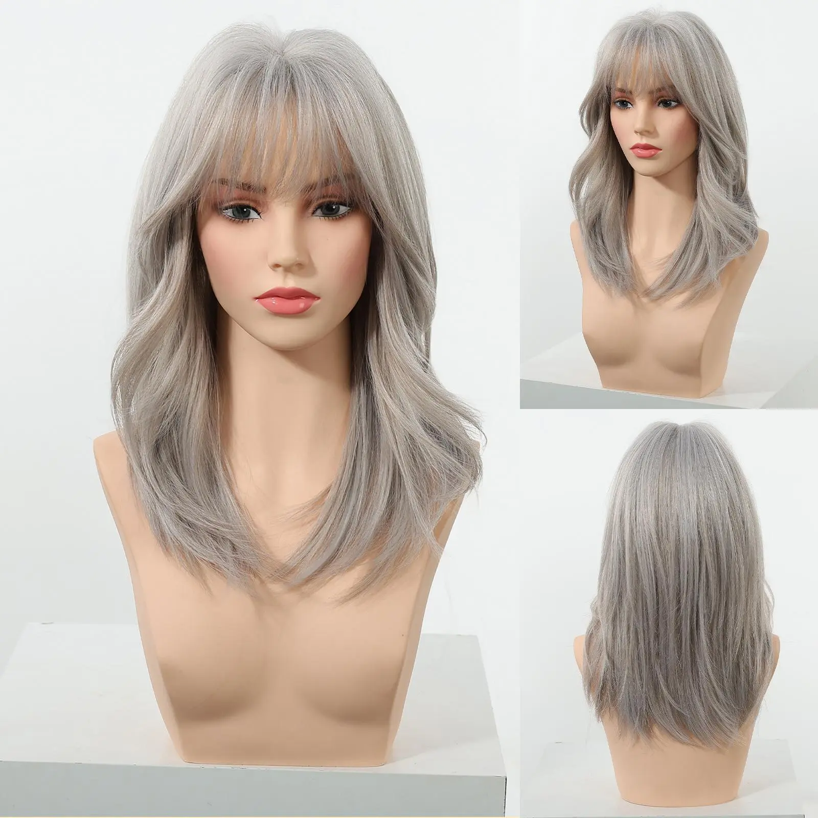 DWY Tegan Machine Made Short Light Brown Bob Breathable Cap Design Glueless Premium Synthetic Wig with Bangs for Women 18 Inches L15