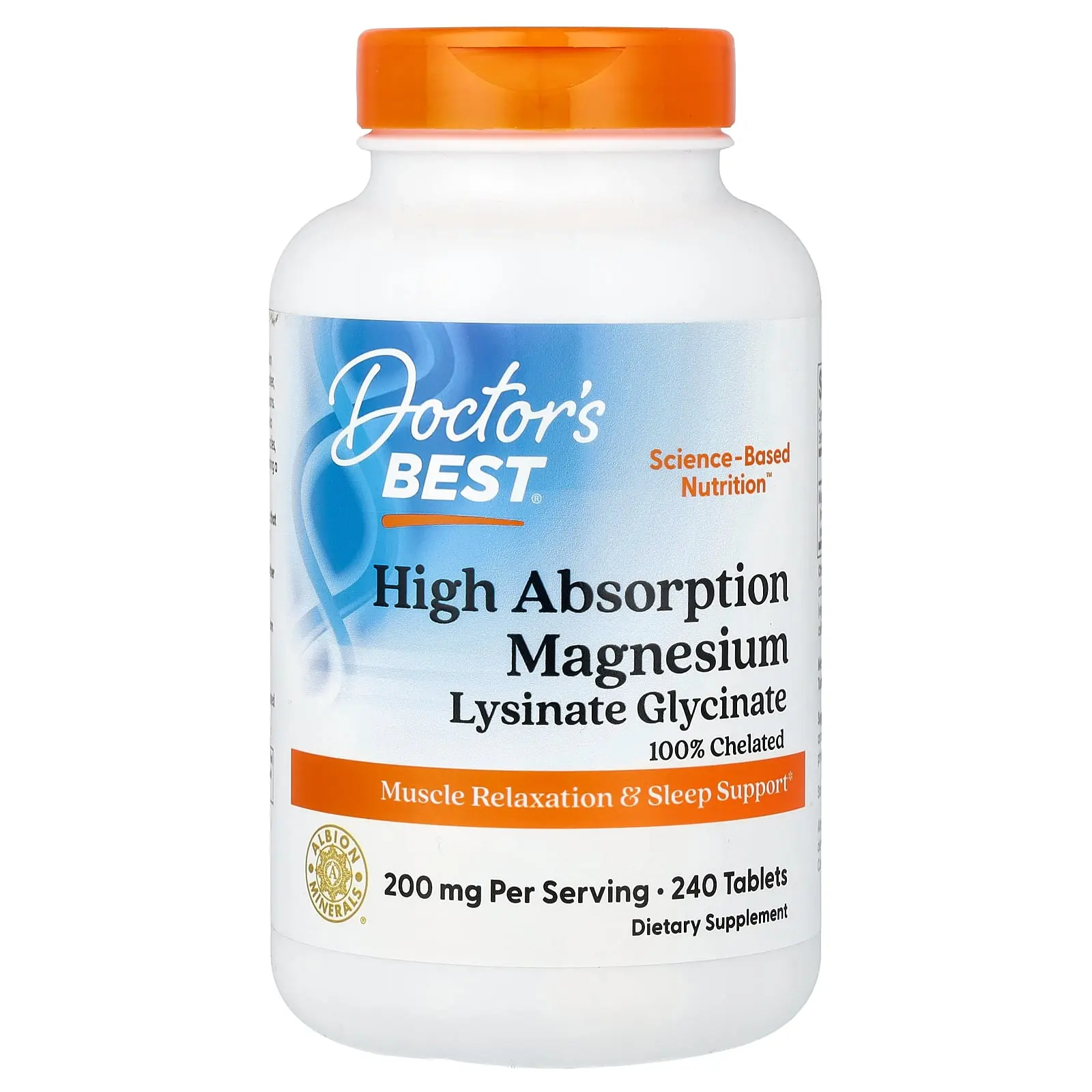 Doctor's Best High Absorption Magnesium Lysinate Glycinate, Chelated, Albion® TRAACS®, 240 Tablets (100 mg per Tablet)