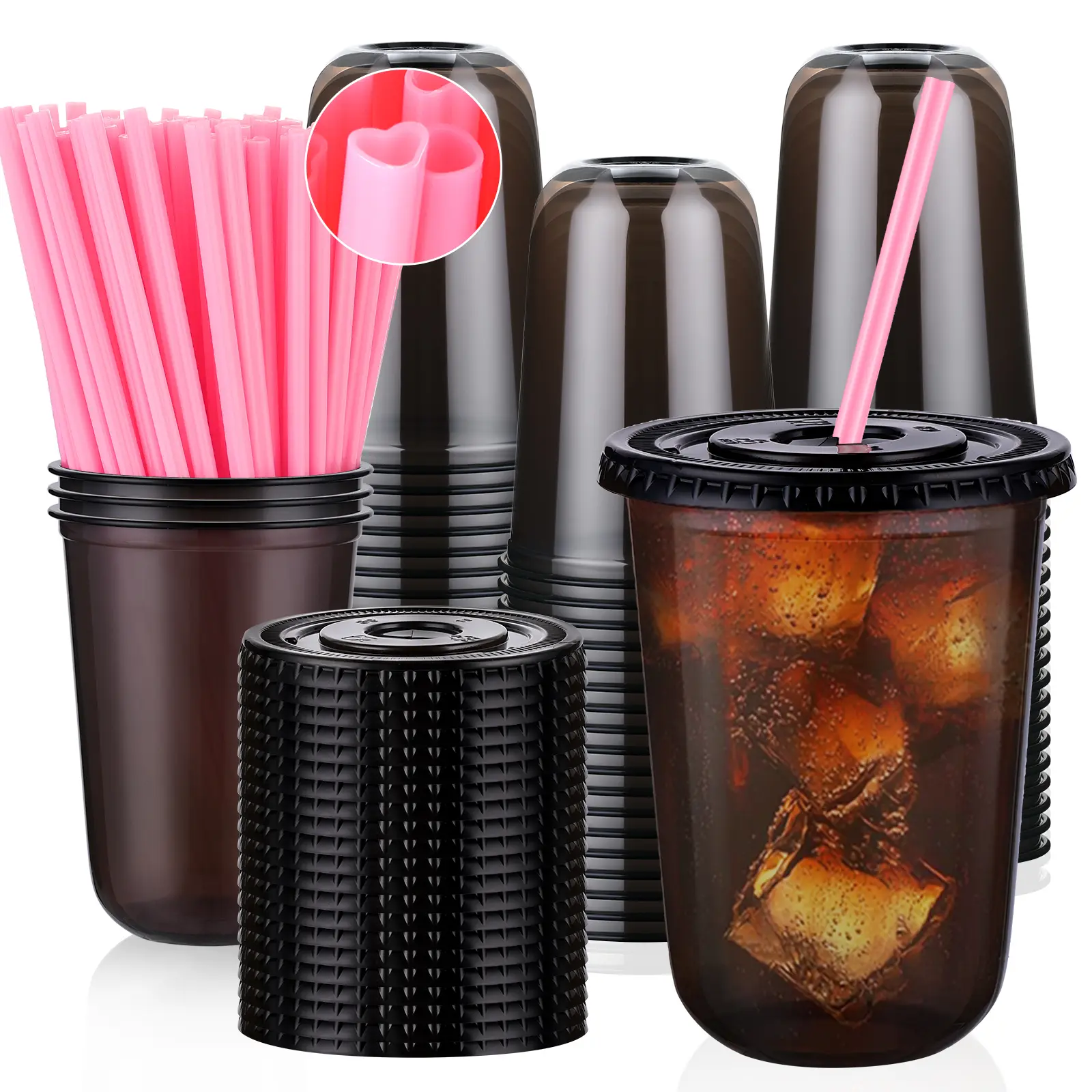 100 Sets Black Transparent Plastic PET Disposable Cute Cups with Lids & 400ml Heart-Straw, Leak-Proof U-Shaped Lightweight Drinkware for Parties, Coffee Bar Decor Use