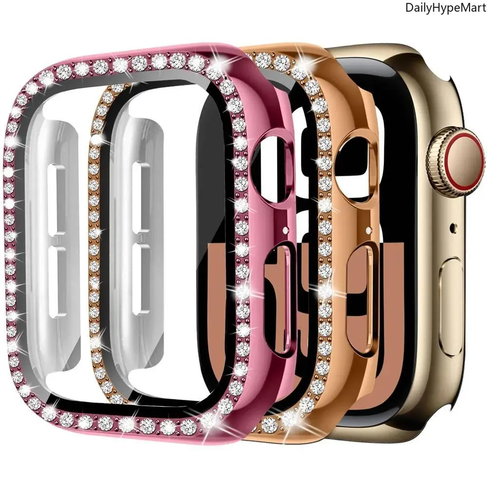 Bling Diamond Apple Watch Case, Tempered Glass Screen Protector, Shockproof Bumper Cover for Series 4-10 SE 40-46mm iWatch, Stylish Accessories for Enhanced Protection