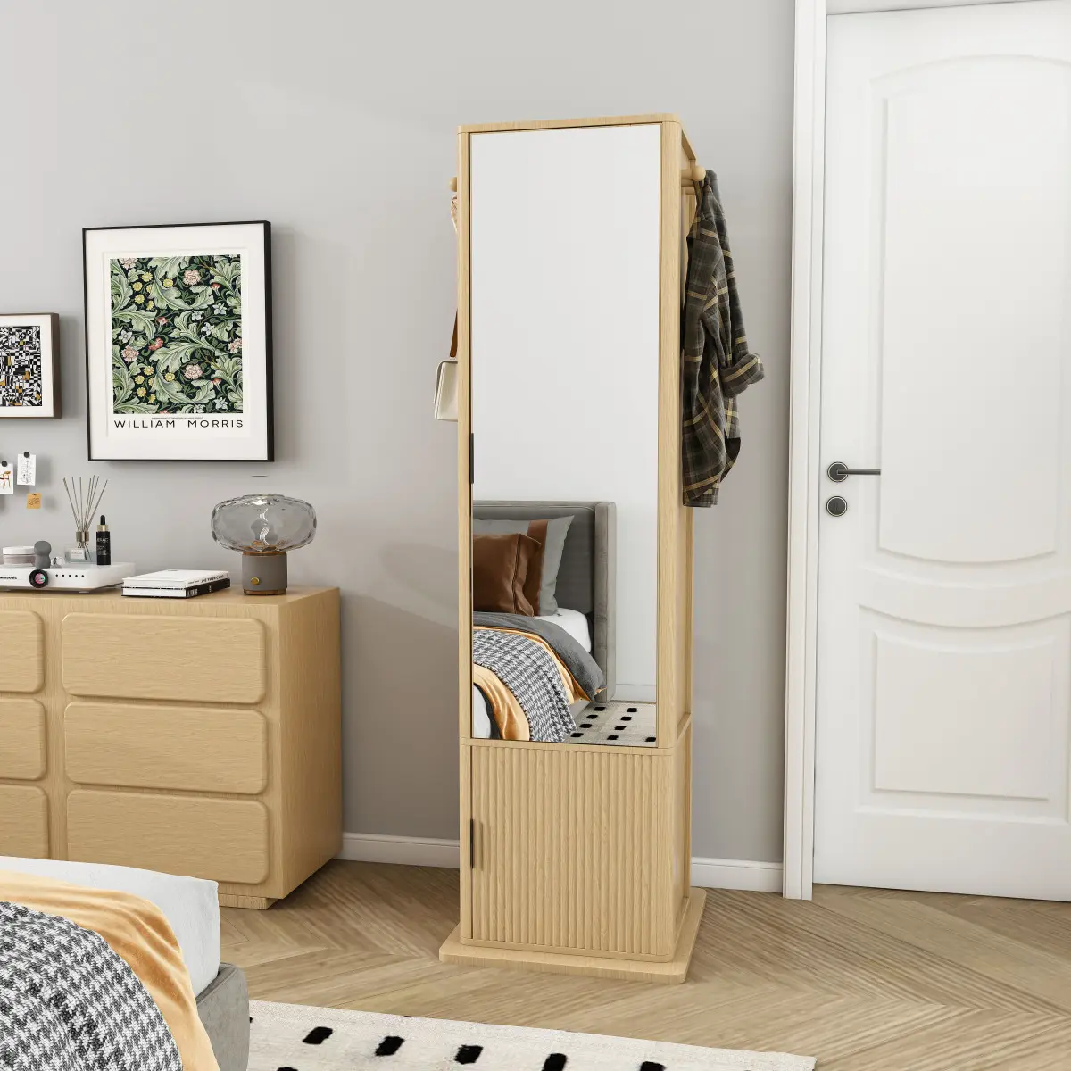 360° rotating makeup cabinet, jewelry cabinet with a full-length mirror, standing storage cabinet with a coat rack, 4 layers of open shelves and 2 layers of built-in shelves, walnut    RR