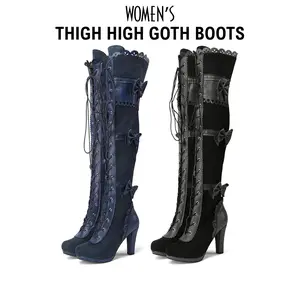 Womens Thigh High Boots Chunky High Heels Rounded Toe Wide Calf Buckle Lace Up Side Zipper Bow Goth Punk Snow Boot Vintage Embroidered Pattern Victorian Style Lace Up Boots Party Cosplay Casual Spring Shoes