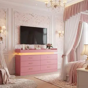 Modern TV Stand Dresser with LED Lights & Charging Station, Floating Top Sideboard Cabinet with 6 Drawers