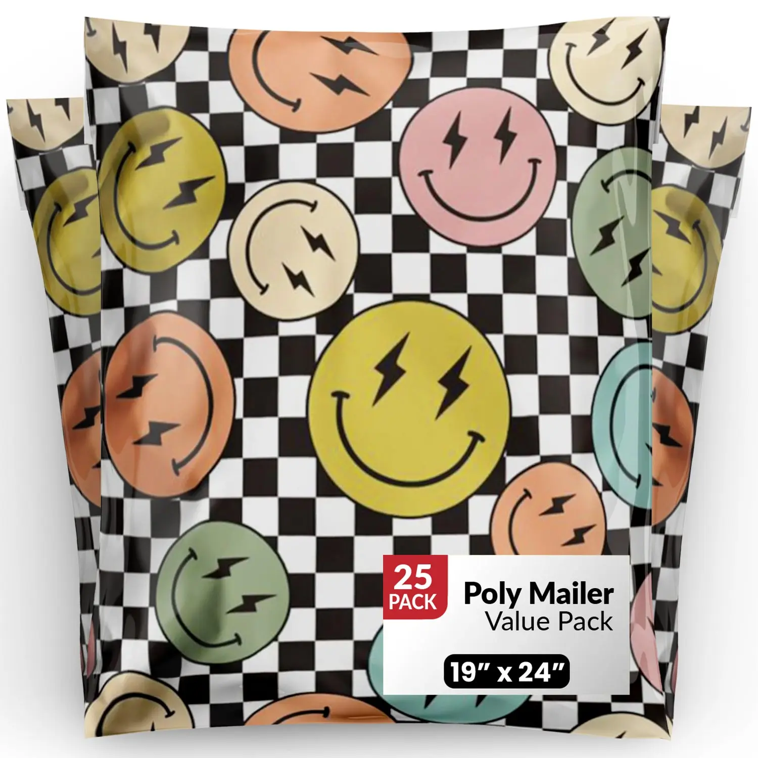 Package Mint 19x24 Poly Mailers - 25 Pack Smiles Checkerboard Design Poly Mailers Shipping Bags - Waterproof, Tear-Resistant, Self-Adhesive Seal - Decorative Mailing Bags for Clothes, Accessories