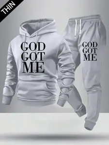 Men's Spring/Autumn Hoodie & Joggers Set - Lightweight Letter Print, Elastic Waist, Drawstring Closure, Casual & Stylish, Perfect Gift for Husband or Boyfriend, Menswear Joggers