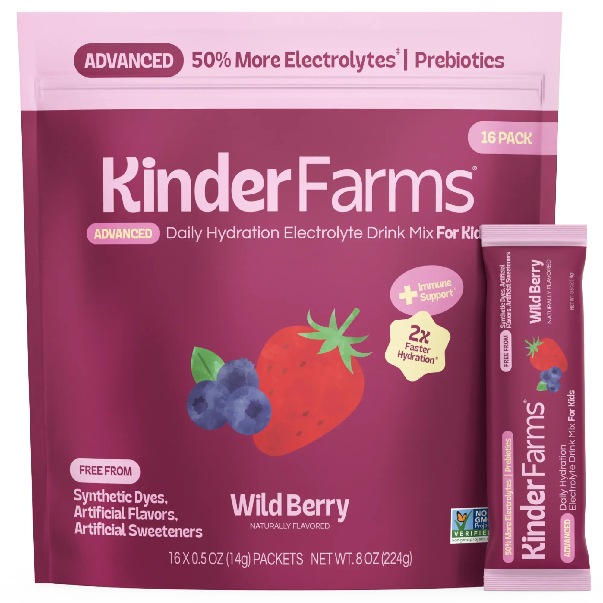 KinderFarms - Advanced Hydration & Prebiotic Electrolyte Powder for Kids & Adults, Wild Berry (16 Count) – Drink Mix Packets for Rapid Hydration, with PREMAX PREBIOTICS for Gut and Immune Support, Low Sugar, Clean Ingredients (16 Count)