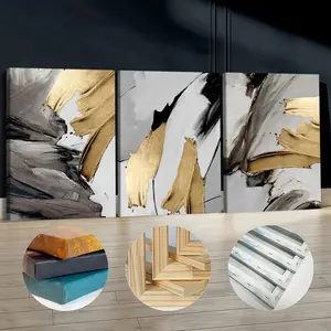 3Pcs Wooden Framed Canvas Painting, Abstract Gold Black Grey Brush Strokes, Exquisite Poster, Home Decoration, Pattern Wall Art Decor, For Living Room, Bedroom, Office, Restaurant, Bar Wall Decor, Waterproof, Odorless, Painting, Print Artwork.