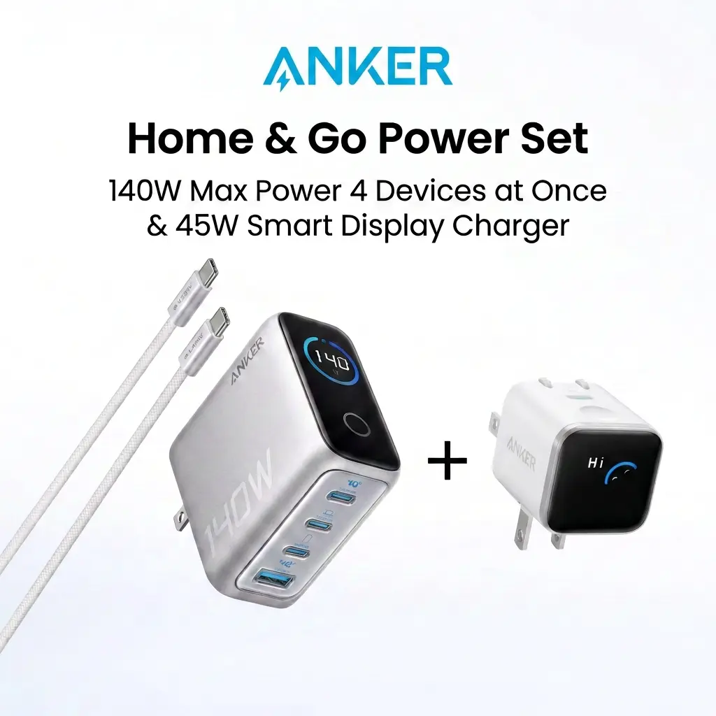【Home & Go Power Set】Anker 140W Laptop Charger, 4-Port Multi-Device Charging,140W Max USB-C Charger, &Anker Smart Display Charger,Anker Nano 45W Fast Charging USBC Charger with Smart Recognition