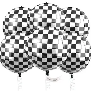 PartyWoo Checkered Foil Balloons 6pcs 22 Inch Large Round Foil Big Giant 4D Jumbo Inflatable Mirror Ball Mylar Balloons for Race Car Emo Checkered Themed Birthday Graduation Party Decorations