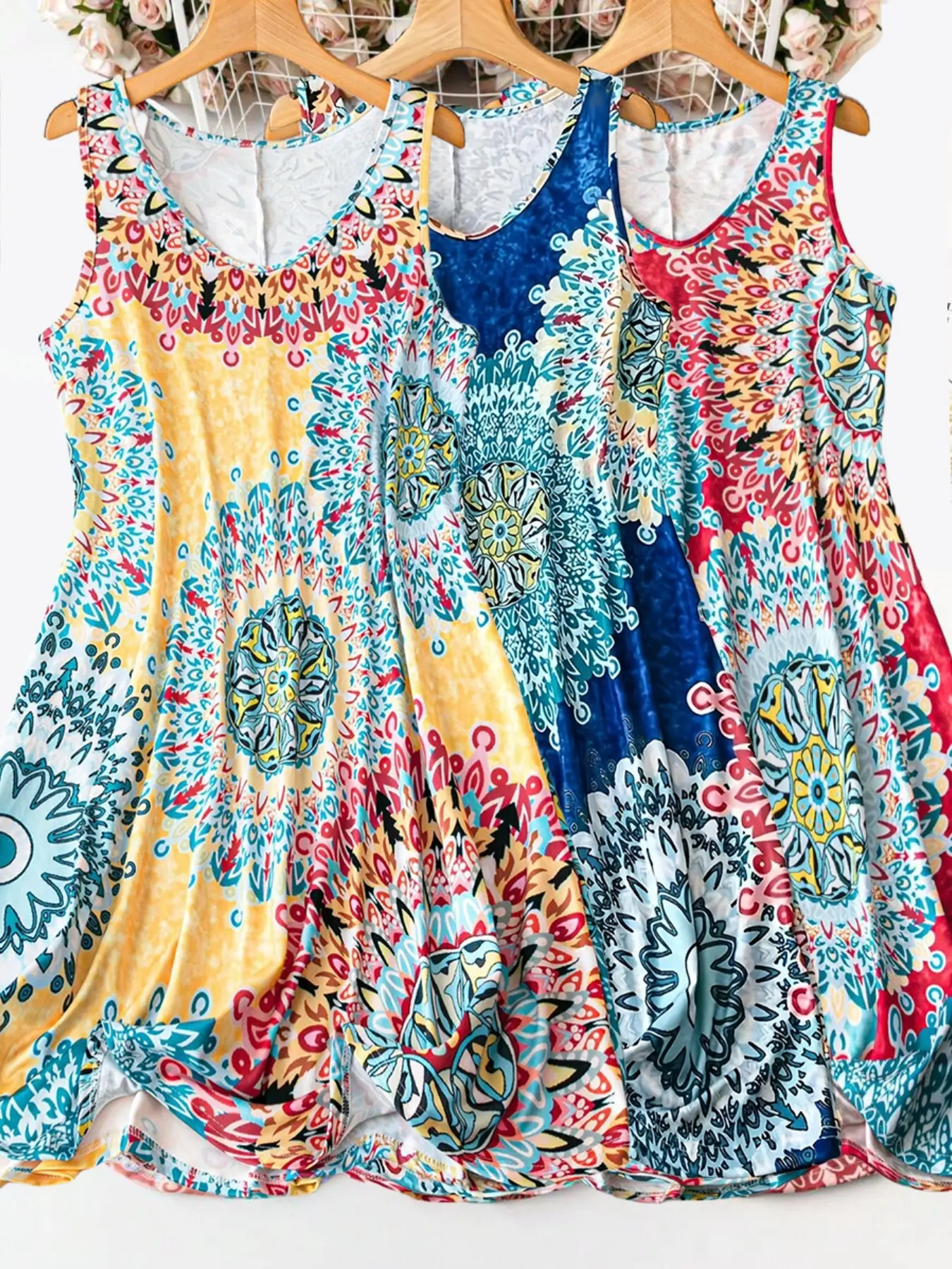 Plus Size Womenswear Women's Full Print Floral Ethnic Sleeveless Casual Boho Chic Beach Sundress Summer Vest Dress Matching Set, 3 Piece Basic Tank Dresses, Perfect for Vacation and Home Use