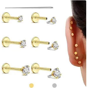 Flat Back Earrings Studs - 14K Gold Filled Internal Thread Stud 18G 16G Piercing Jewelry for Cartilage Helix Tragus Hypoallergenic Labret Lip Conch Nose Rings 316L Stainless Steel Stud for Women Men
