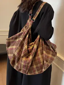 Retro minimalist fashion plaid design tote bag, personal lazy style casual versatile single shoulder bag, niche design daily single shoulder commuting bag, suitable for students daily, shopping travel, etc., Checkered Pattern Bag, Daily Commuter Bag