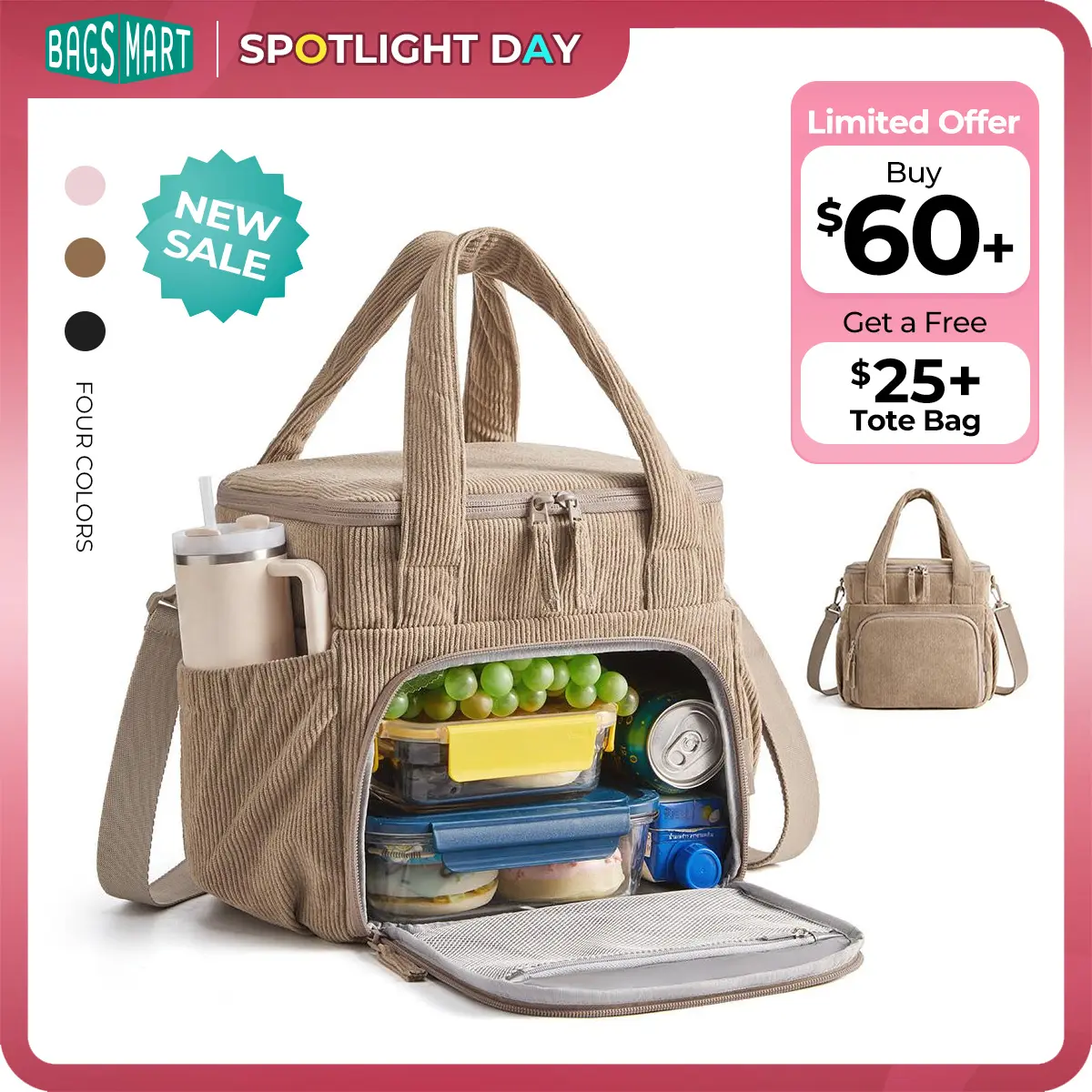 【NEW IN】BAGSMART Insulated 14L Lunch Bag for Women, Double Deck Leakproof Cooler Bag with Corduroy Texture for Office Work & Outdoor Picnic summerwins tiktokshopsummersale tiktokshopbacktoschool