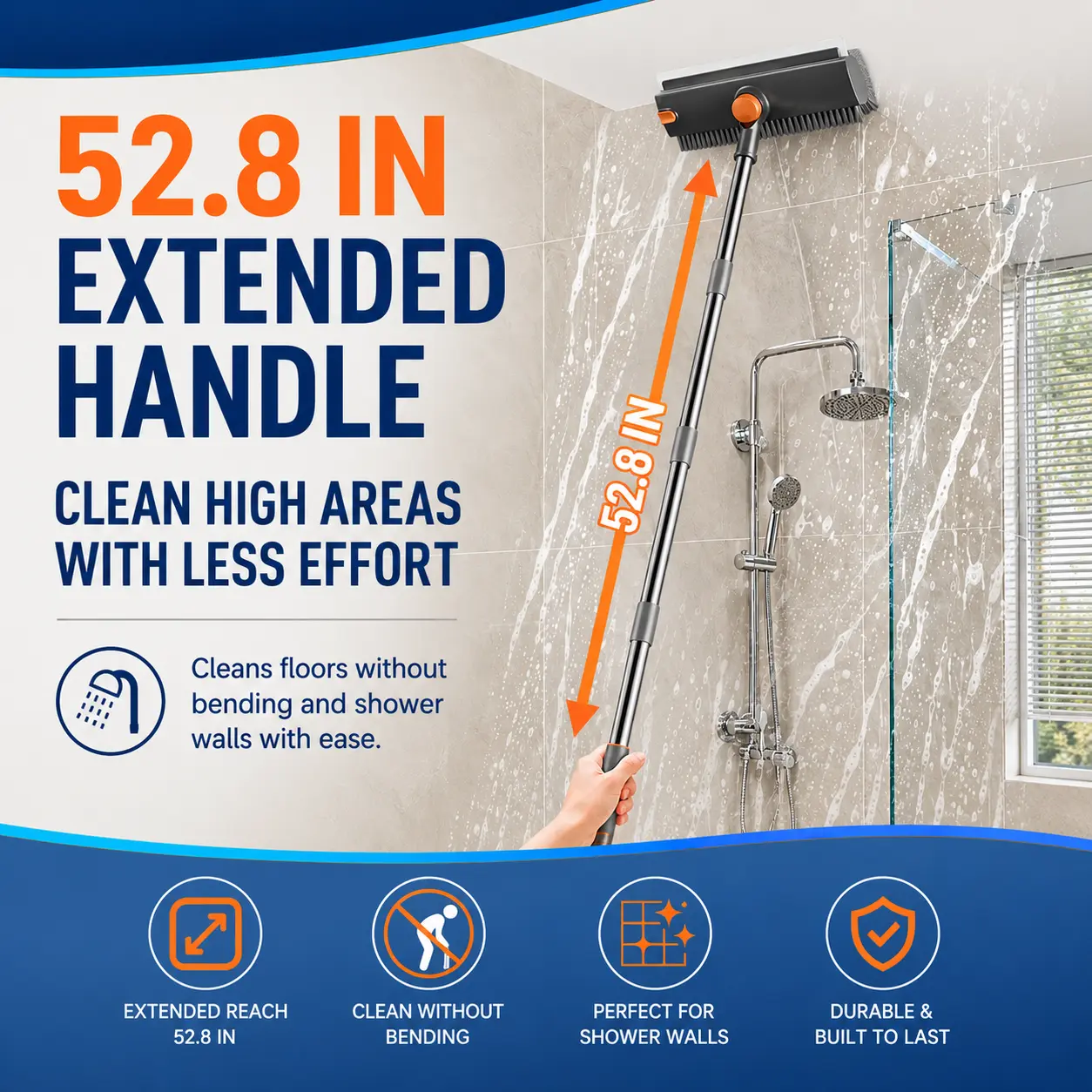 3-in-1 Long Handle Shower Scrub Brush with Squeegee, Heavy Duty Floor Cleaning Brush for Bathtub, Bathroom, Tile, Kitchen, Patio & Garage