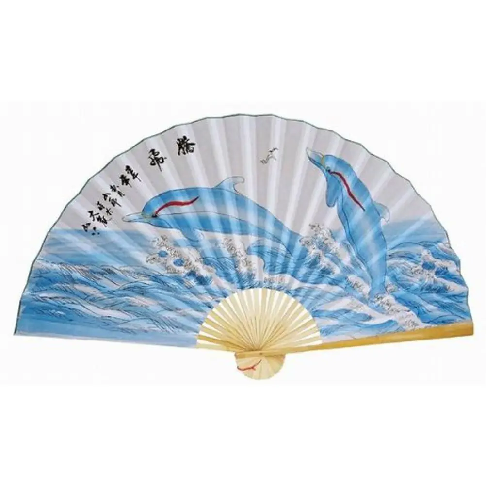 35in Handmade Bamboo Classic Chinese Feng Shui Wall Fan - Handcrafted, Traditional Paintings, Artistic Dolphin Motifs, Nature Scenes, Symbolizes Good Luck & Prosperity, Cultural Collectible Artwork for Room Display