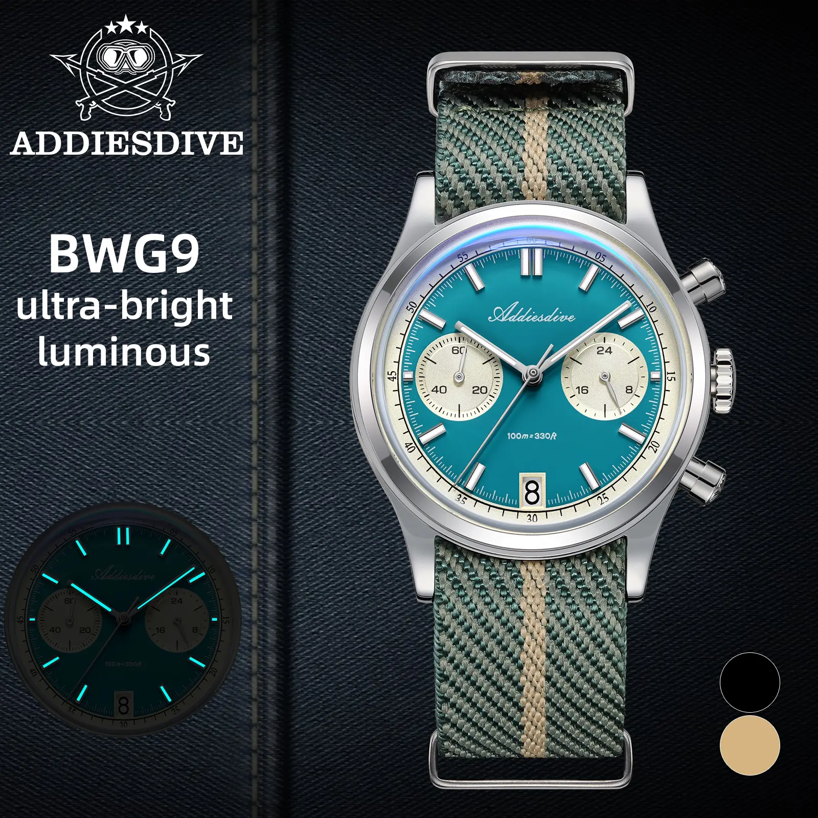 ADDIESDIVE Chronograph Watch Business Casual Watch - 38mm Sweep Second Panda Dial Stopwatch 100m Waterproof Luminous Stainless Steel Watch Lightweight Vintage Watches