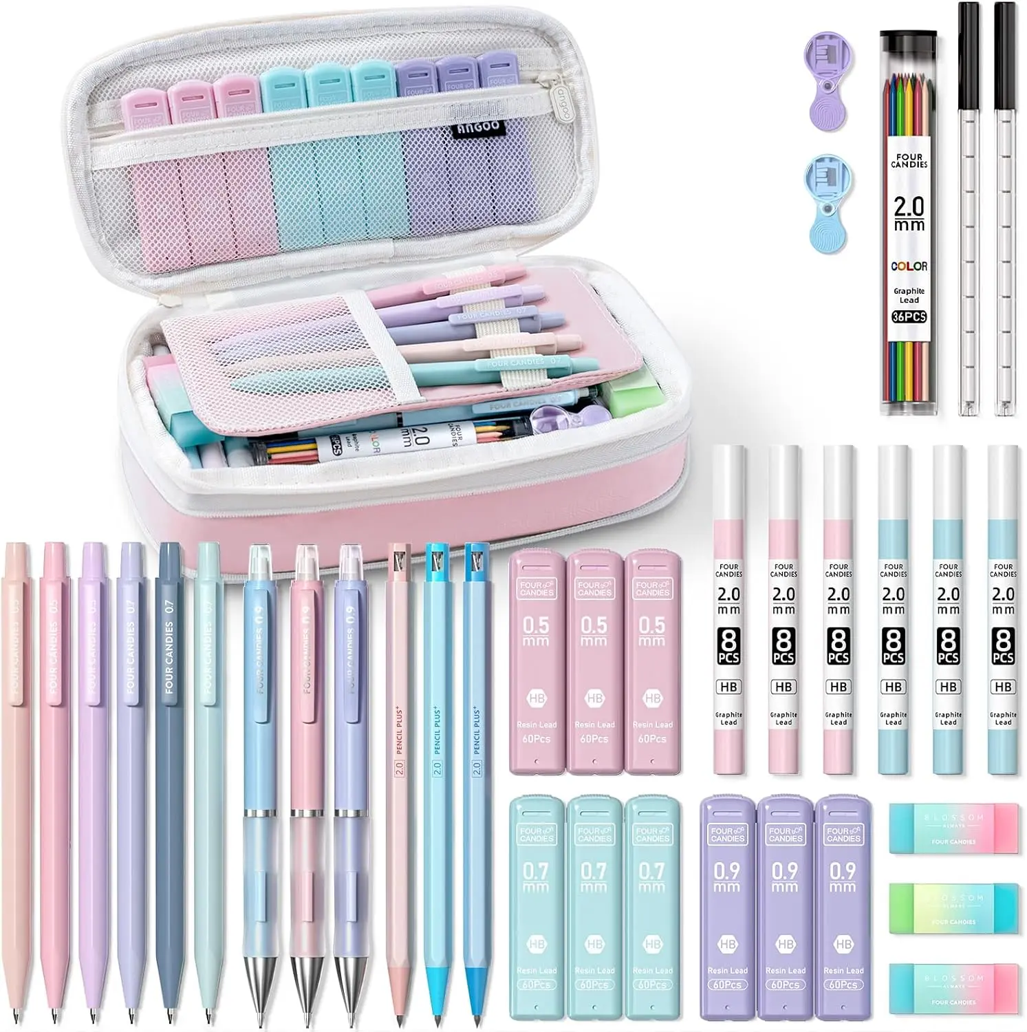 Four Candies 36PCS Aesthetic School Supplies, Mechanical Pencils 0.5mm, 0.7mm, 0.9mm & 2.0mm with 624PCS Lead Refills, Cute Mechanical Pencils for Drawing & Drafting, girly office supplies, Student Essentials Learning Materials,Mechanical Pencil Set