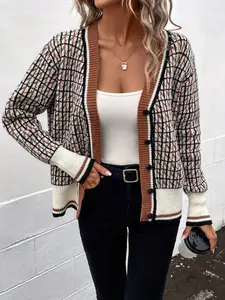Women's All Over Print Button Front Cardigan, Womenswear Fitted Knitting Tops, Comfort Breathable Casual Drop Shoulder Longsleeves Knitwear for Fall, Lightweight Cardigan, Cardigan for Women, Preppy 80s Clothes, Knitted Sweater, Button Up Cardigan