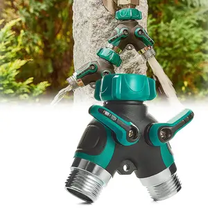 Garden water pipe distributor, 2-way heavy-duty Y-shaped faucet distributor with shut-off valve, 100% metal outdoor faucet distributor, extra long metal handle (green)
