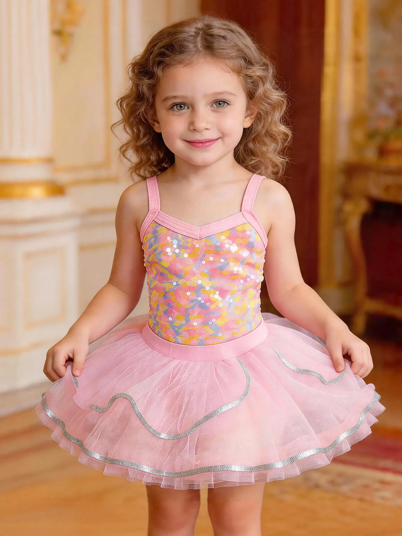 Pink Sequin Ballet Tutu Dress for Girls Sparkly Sleeveless Dance Costume