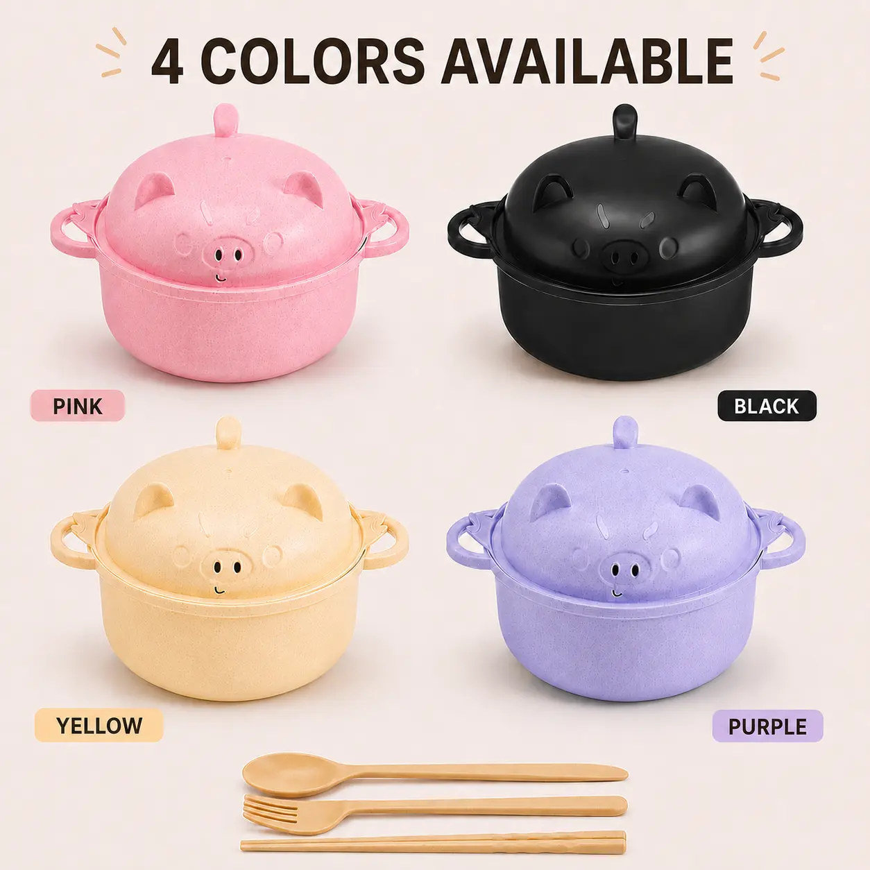 MIUVA 45oz Cute Pig Tableware Double Bowls Set - Food-Safe 1-Bowl Set Noodle Cooker, Microwave-Safe Wheat Straw Strainer, Lid, Spoon, Fork, Chopsticks (From Ramen to Pasta) for Dorm, Home, Food-Safe Bowls
