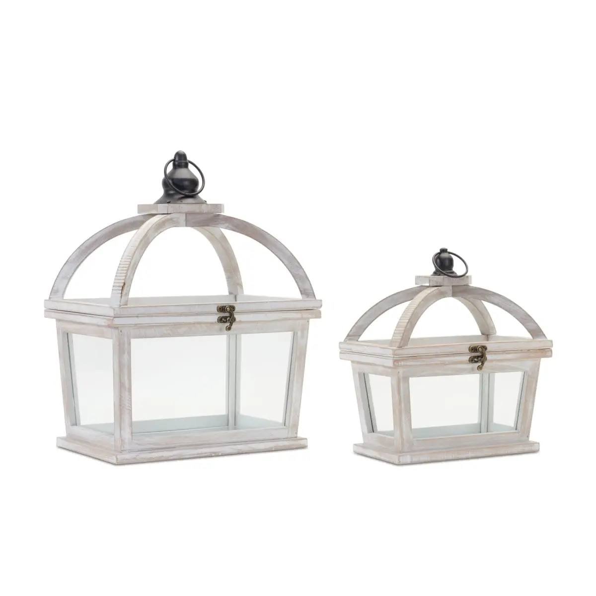 Melrose International 88019DS Wooden Tapered Candle Holder Lanterns - Set of 2, Metal Curved Open-Lid, Hanging Home Decor Supplies, 9.5x6x11in, 6.5lbs, Indoor Use for Cozy Glow