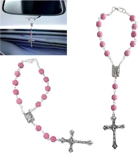 2PCS Pink Rosary Pendant Car Interior Rear View Mirror Charm Auto Decors, Medal and Cross Personalized Hanging Accessories for Women Men