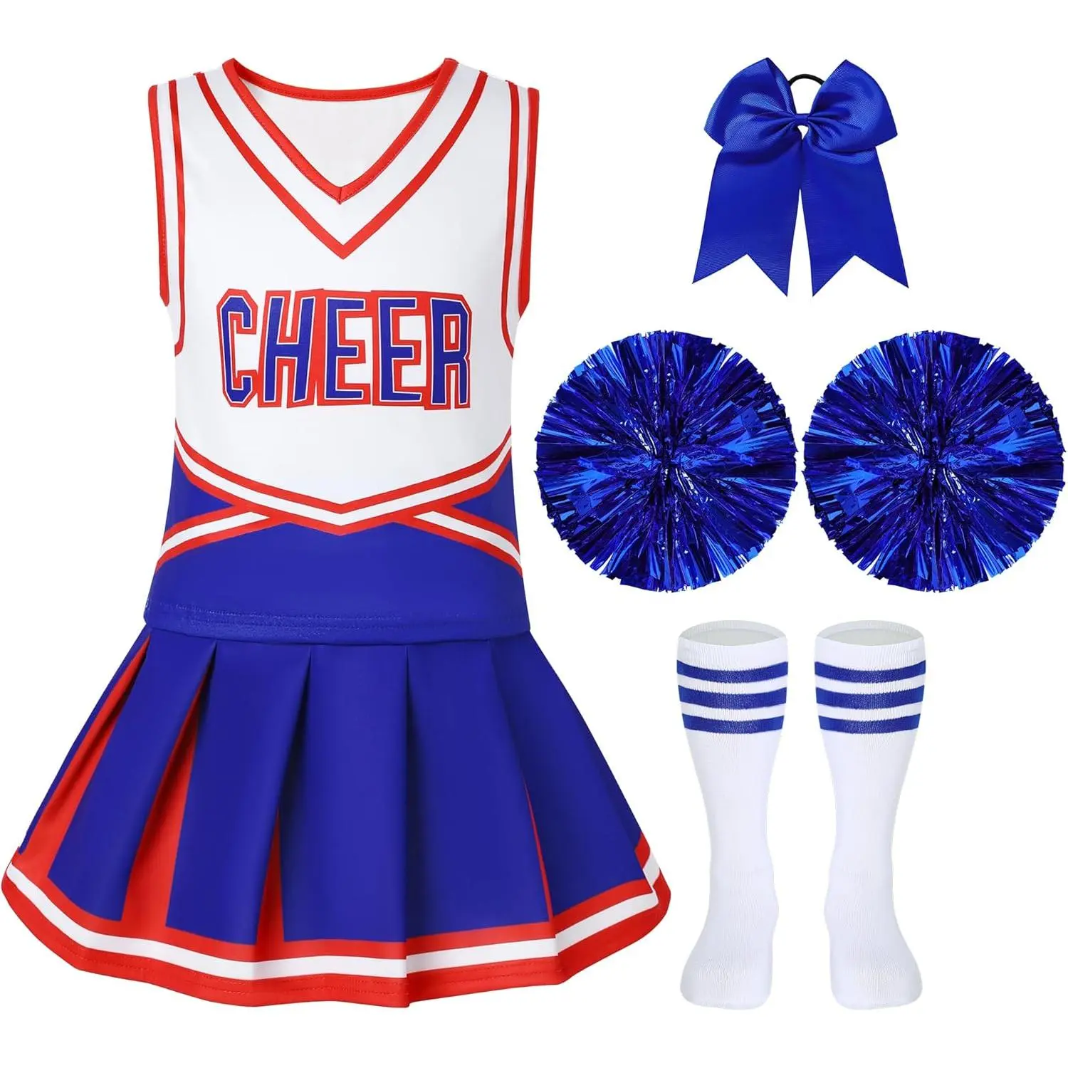 Girls' Cheerleader Costume Set, Vibrant Polyester Blend Outfit with Short Skirt, Pom Poms & Socks, Kids Cheerleading Apparel for Halloween Party, Uniform, Youthful, Skirts, Halloween Costume, Vibrant Colors