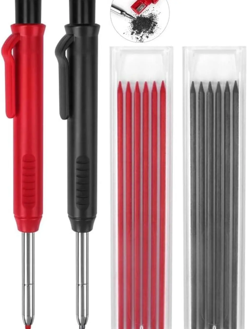 2 Pack Carpenter Pencils Mechanical Pencils with 12 Refills Construction Pencils with Built-in Sharpener Long Nib Deep Hole Pencil Marker Heavy Duty Woodworking Pencil for Architect