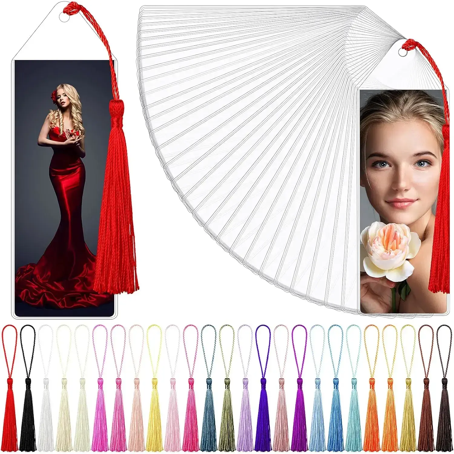 100 Pieces 2 x 6 Clear Plastic Bookmark Sleeves with Tassels Vinyl Photobooth Bookmark Covers Blank Strip Display Holder Laminating Pouches for DIY Gift Tags School Office Party Favors