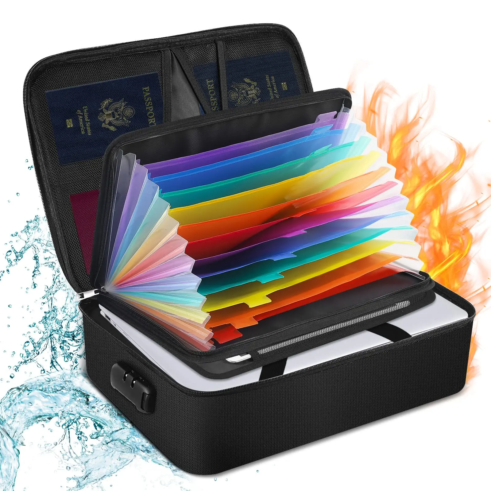 Fireproof Box with Accordion File Folder Document Organizer, 13 Pockets Important File Organizer Document Safe Storage Bag, Portable Document Box for Passport, Files, Certificates
