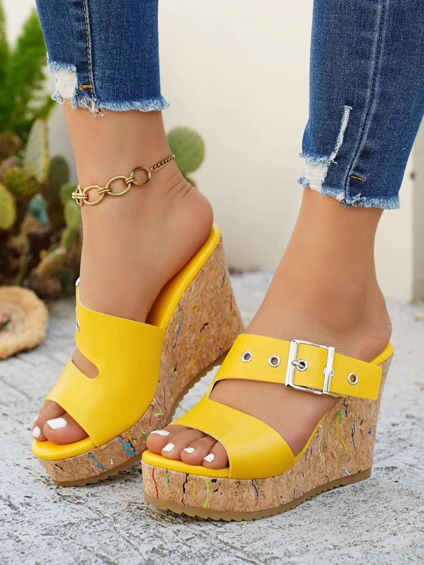 Women's Summer Wedge Sandals, High Heel Thick Sole, Wedge Heels, Wood Grain Anti-Slip Beach Shoes, Fashionable Wedge Shoes, Heeled Wedge Shoes, Fashion Comfortable Footwear, Buckle Design, Soled Shoes, Stylish Footwear