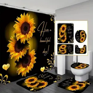 1/4pc sunflower pattern bathroom decor set, Bathroom supplies, including shower curtain, toilet U-shaped mat, bathroom floor mat and toilet seat cover, perfect for bathroom decoration, includes 12 shower curtain hooks