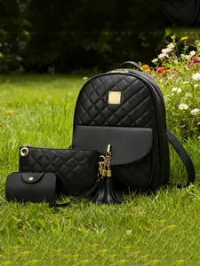 3pcs Women's Fashionable Solid Color Quilted Backpack & Crossbody Bag & Card Holder, Casual Versatile Pu Leather Bag Set with Tassel Charm for Daily Used, Trendy High-quality Daily Commuting and Shopping Bag