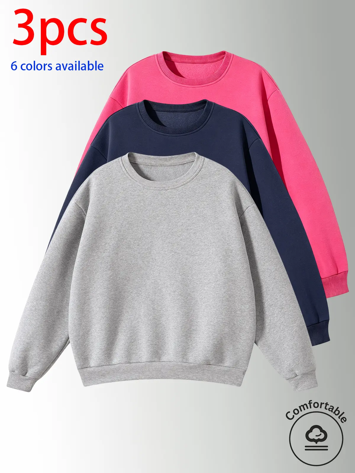 3-pack men’s sweatshirts, men’s casual tops. Loose drop-shoulder long-sleeve pullover sweatshirt with a crew neck—flattering, slimming, and versatile. Available in multiple colors; simple solid-color design that’s versatile—suitable for home, commuting, s